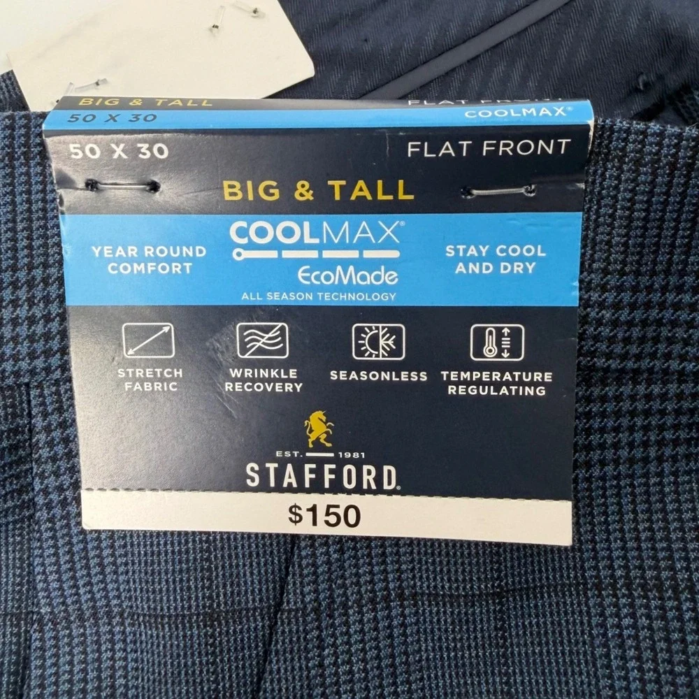 Stafford Dress Pants Mens 50x30 Navy Blue Plaid Coolmax Flat Front Wool Big Tall